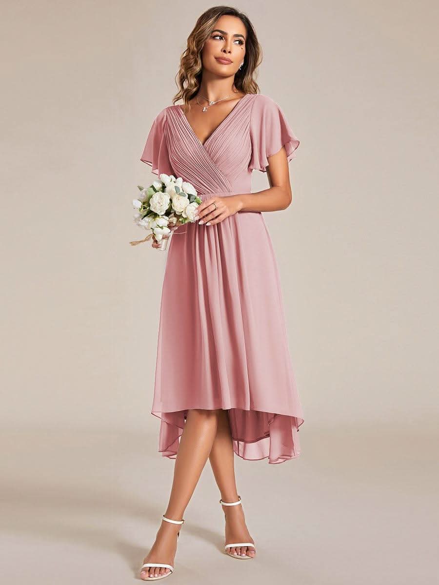 Pleated Asymmetrical Hem Ruffles Sleeve Chiffon Bridesmaid Dress #color_Dusty Rose