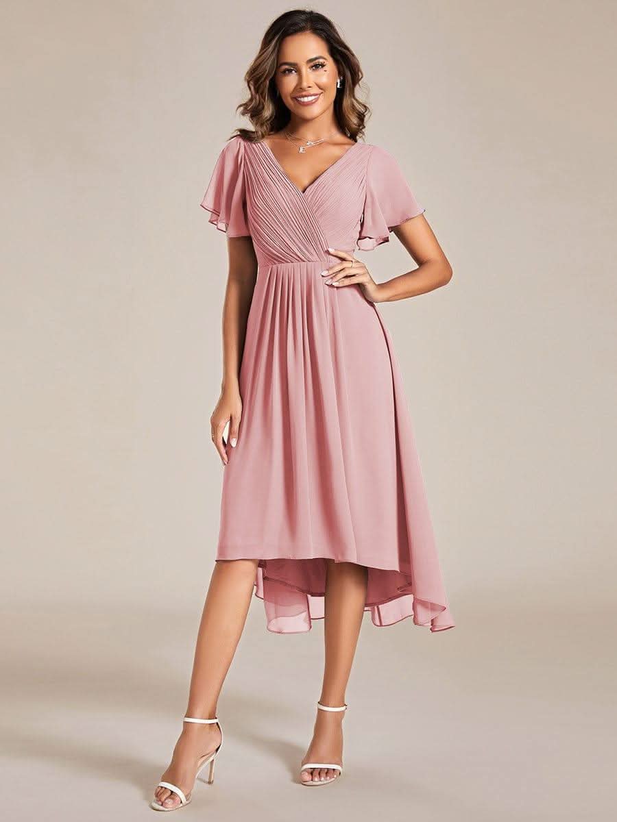 Pleated Asymmetrical Hem Ruffles Sleeve Chiffon Bridesmaid Dress #color_Dusty Rose