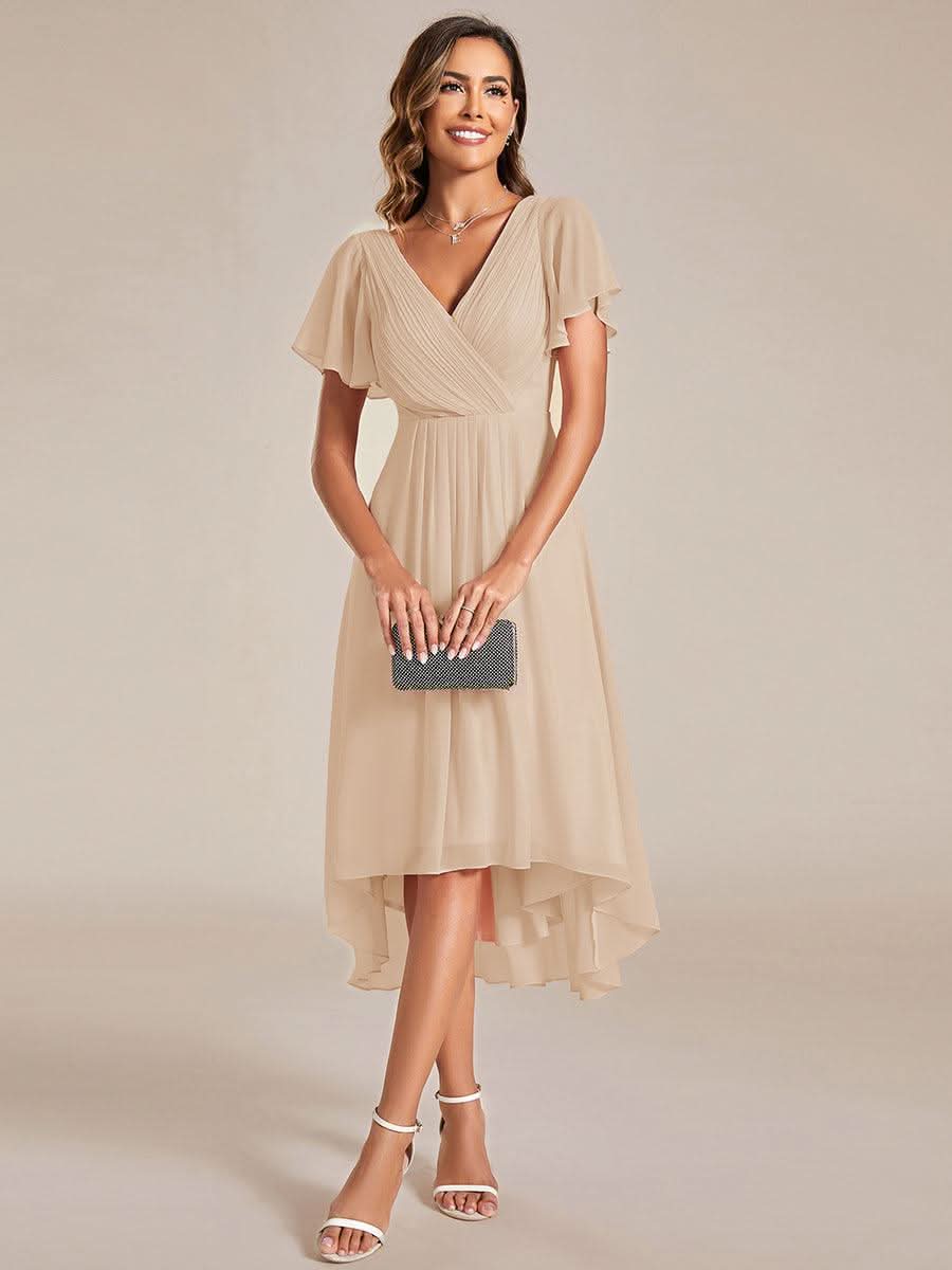 Chic V Neck High-Low Short Sleeve Wedding Guest Dress #color_Gold