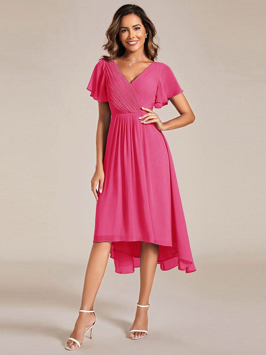 Chic V Neck High-Low Short Sleeve Wedding Guest Dress #color_Hot Pink