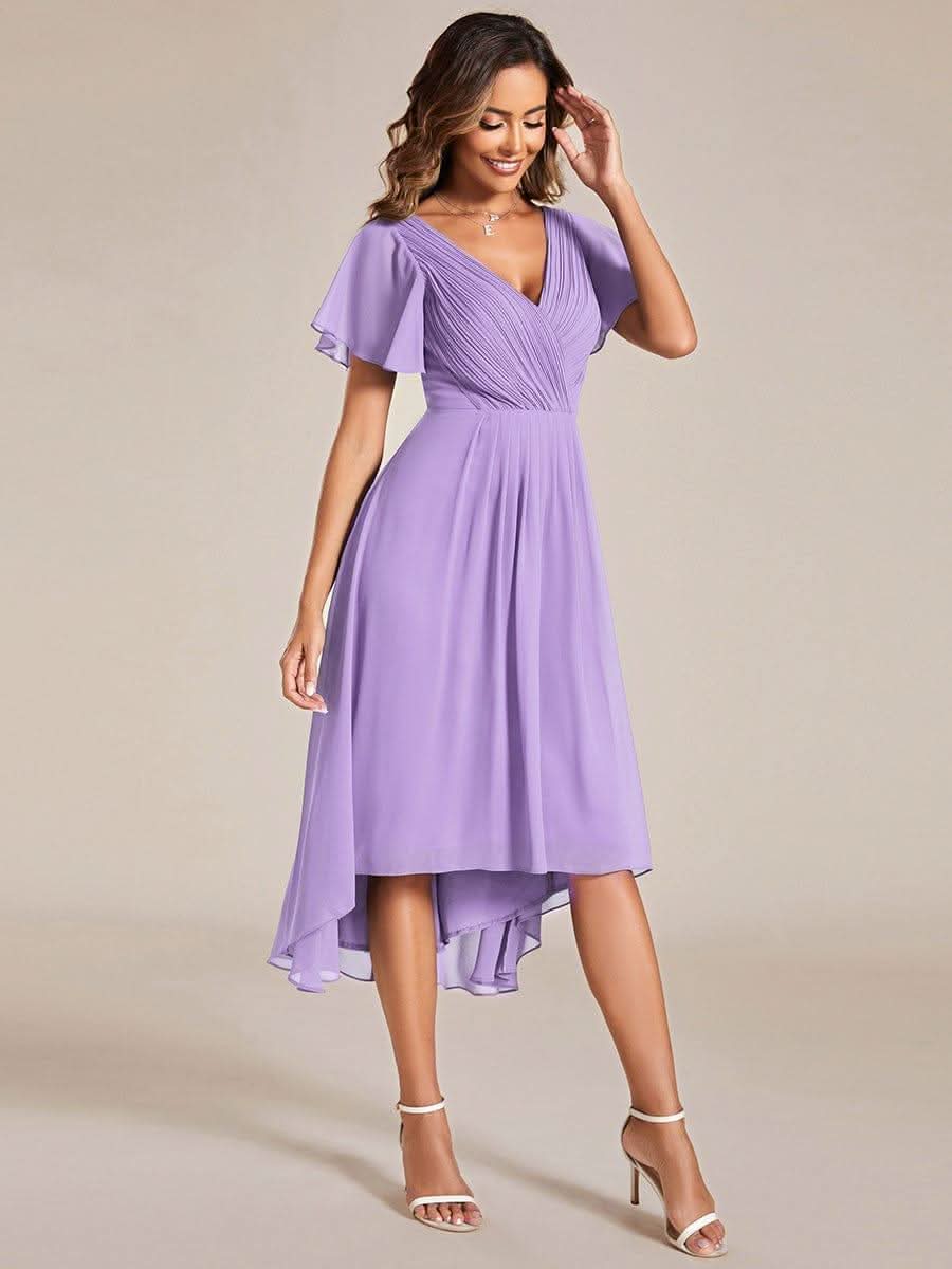 Pleated Asymmetrical Hem Ruffles Sleeve Chiffon Bridesmaid Dress #color_Lavender
