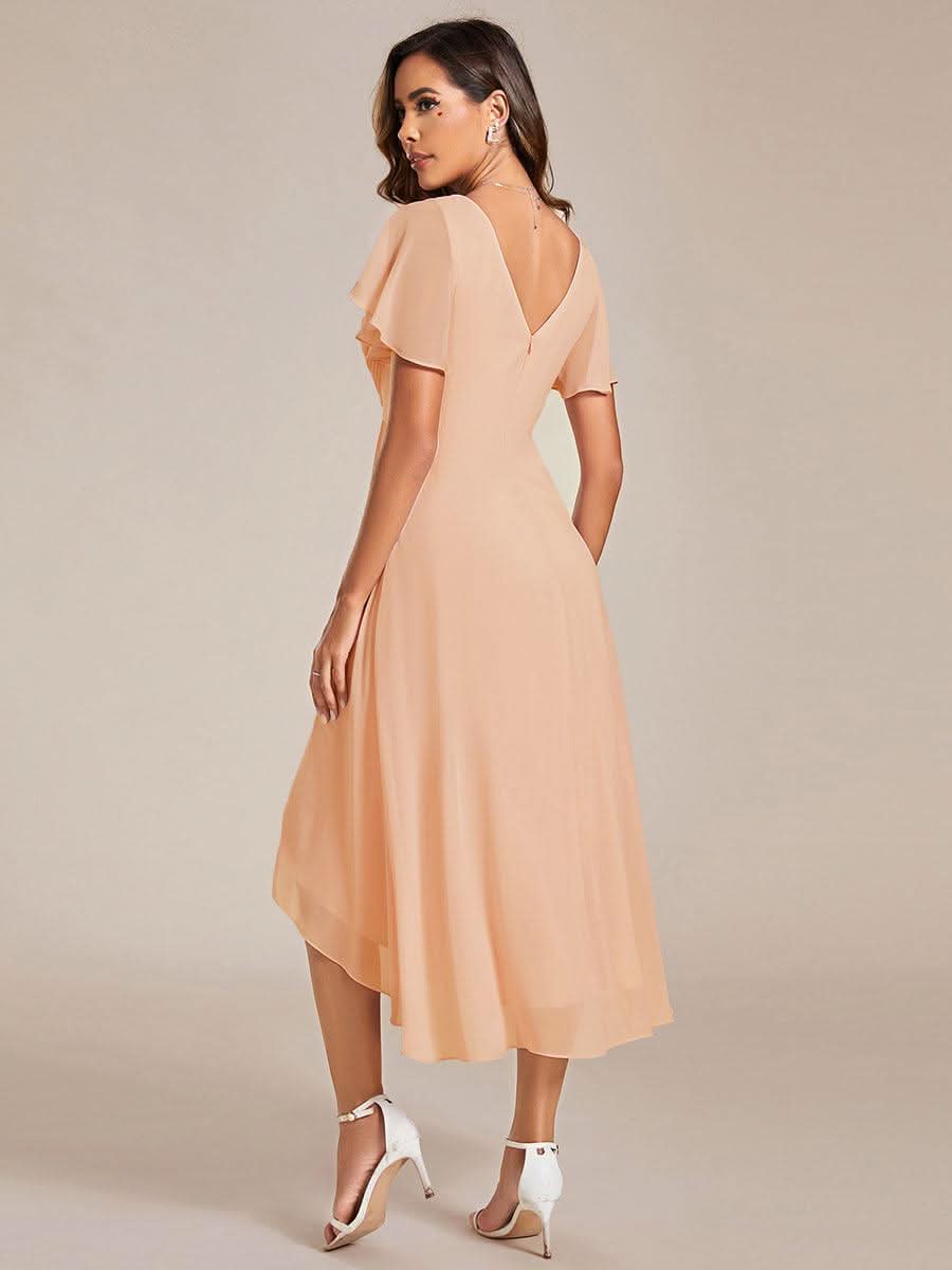 Pleated Asymmetrical Hem Ruffles Sleeve Chiffon Bridesmaid Dress #color_Peach