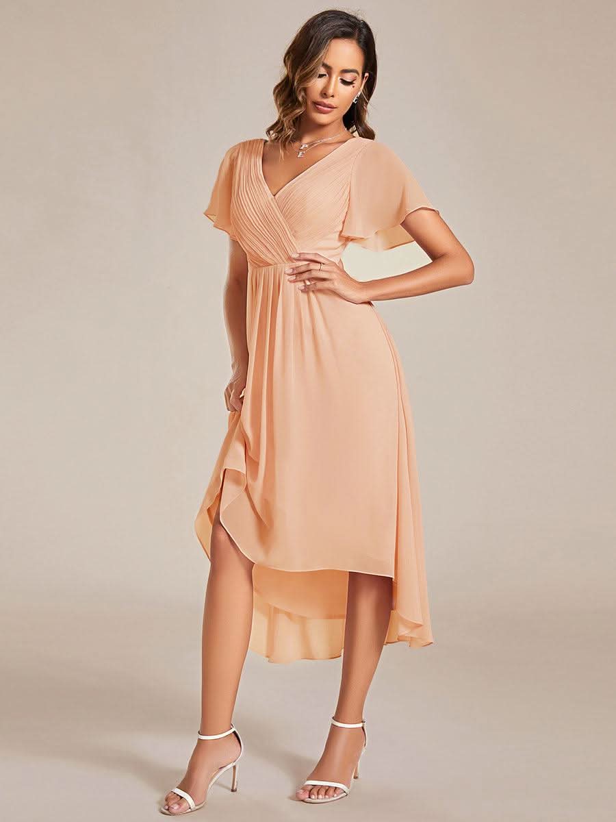 Pleated Asymmetrical Hem Ruffles Sleeve Chiffon Bridesmaid Dress #color_Peach