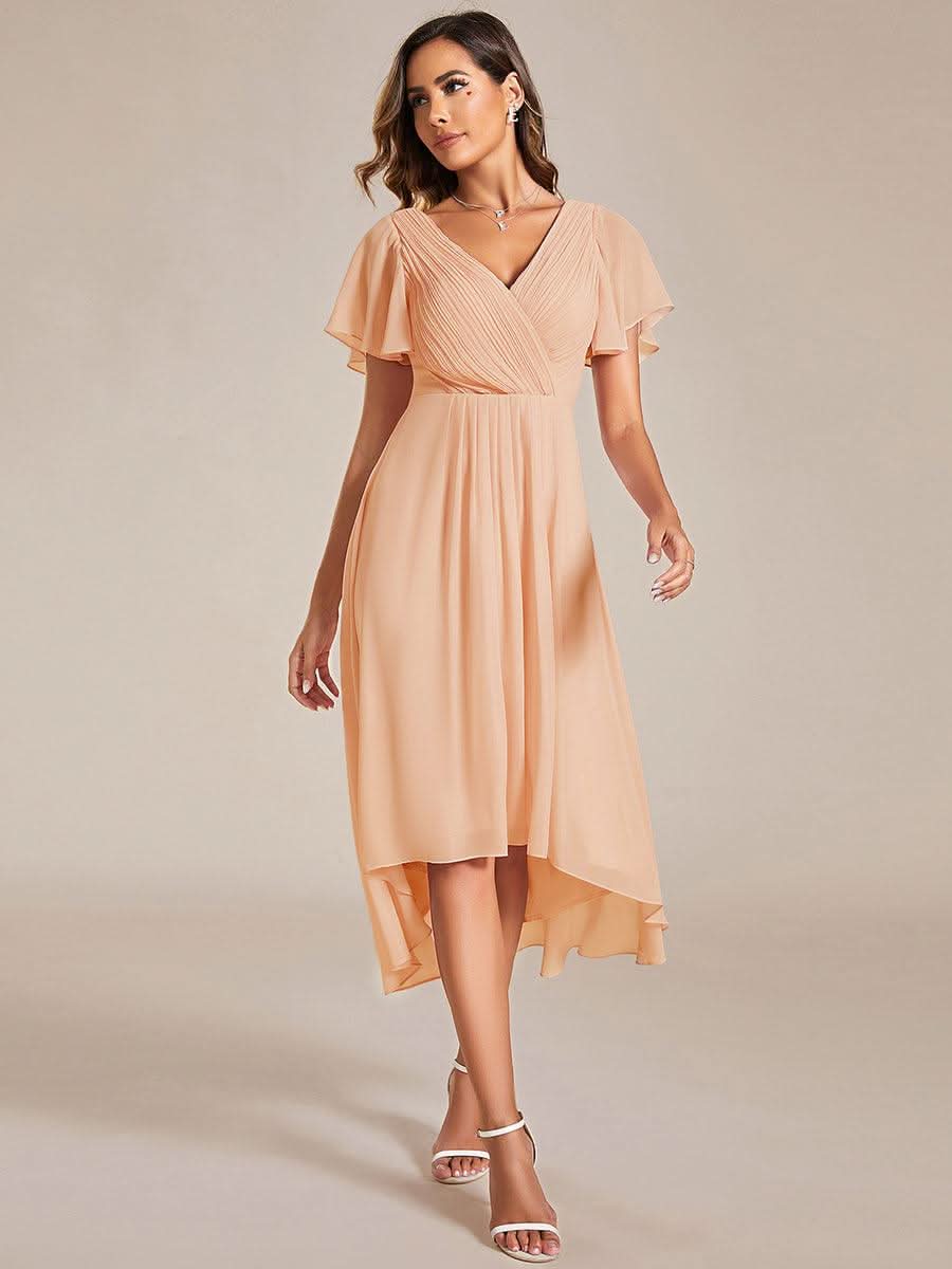 Pleated Asymmetrical Hem Ruffles Sleeve Chiffon Bridesmaid Dress #color_Peach