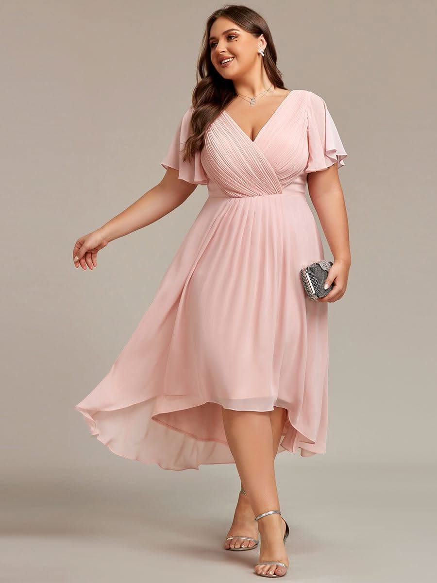 Pleated Asymmetrical Hem Ruffles Sleeve Chiffon Bridesmaid Dress #color_Pink