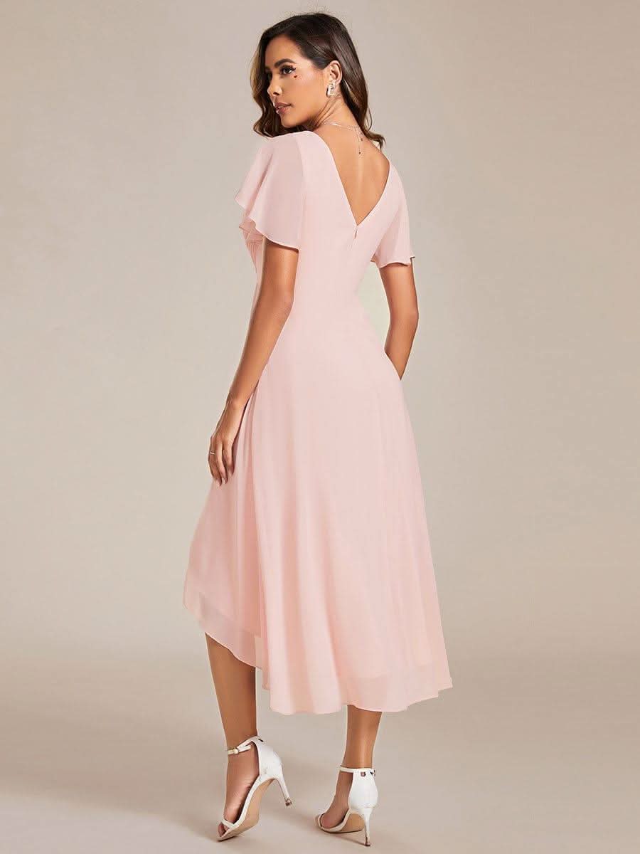Pleated Asymmetrical Hem Ruffles Sleeve Chiffon Bridesmaid Dress #color_Pink