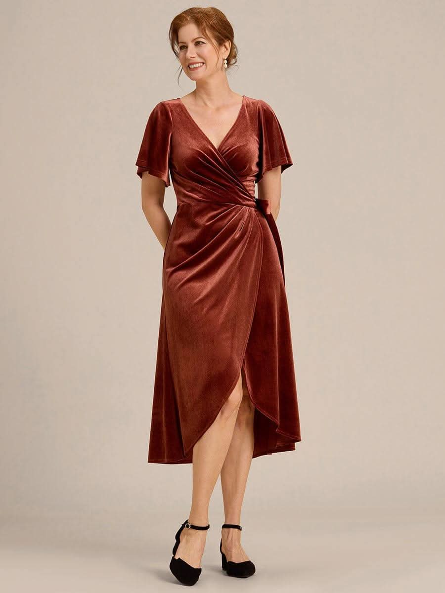 One-Piece Type Short Sleeves V-Neck Velvet Midi Wedding Guest Dress #color_Brick Red