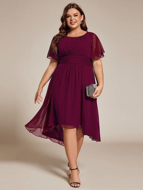 Flowy Chiffon Round Neckline A-Line Knee Length Bridesmaid Dress #color_Pink ever EDEN|Flowy Chiffon Round Neckline A-Line Knee Length Bridesmaid Dress