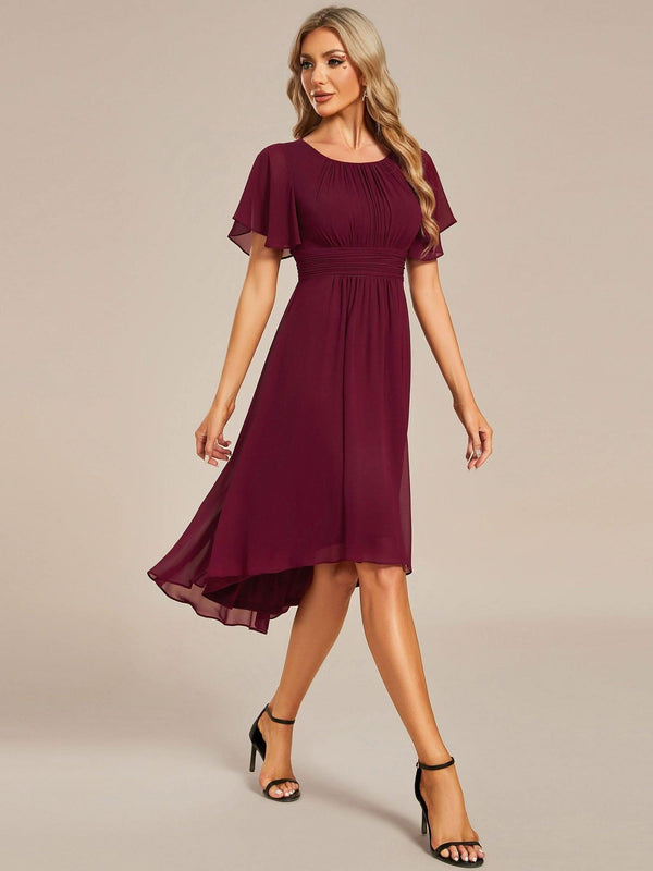 Flowy Chiffon Round Neckline A-Line Knee Length Bridesmaid Dress #color_Pink ever EDEN|Flowy Chiffon Round Neckline A-Line Knee Length Bridesmaid Dress