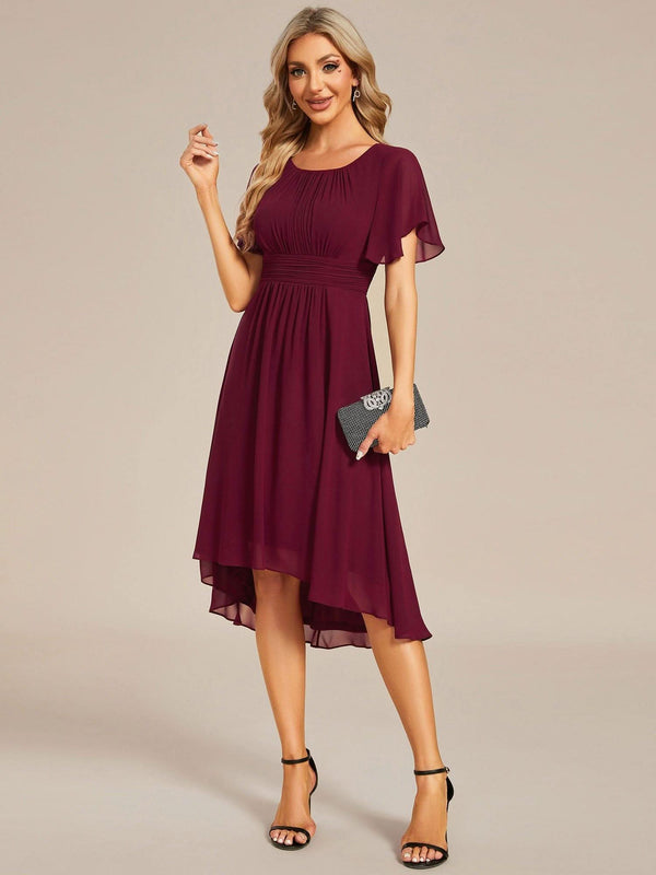 Flowy Chiffon Round Neckline A-Line Knee Length Bridesmaid Dress #color_Pink ever EDEN|Flowy Chiffon Round Neckline A-Line Knee Length Bridesmaid Dress