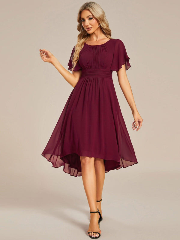 Flowy Chiffon Round Neckline A-Line Knee Length Bridesmaid Dress #color_Pink ever EDEN|Flowy Chiffon Round Neckline A-Line Knee Length Bridesmaid Dress