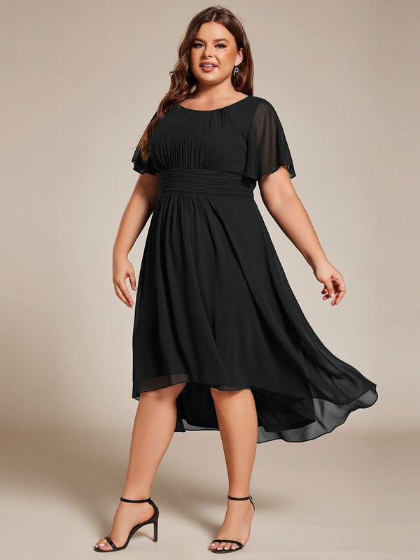 Flowy Chiffon Round Neckline A-Line Knee Length Bridesmaid Dress #color_Pink ever EDEN|Flowy Chiffon Round Neckline A-Line Knee Length Bridesmaid Dress