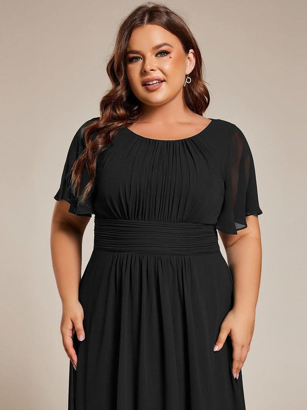 Flowy Chiffon Round Neckline A-Line Knee Length Bridesmaid Dress #color_Pink ever EDEN|Flowy Chiffon Round Neckline A-Line Knee Length Bridesmaid Dress