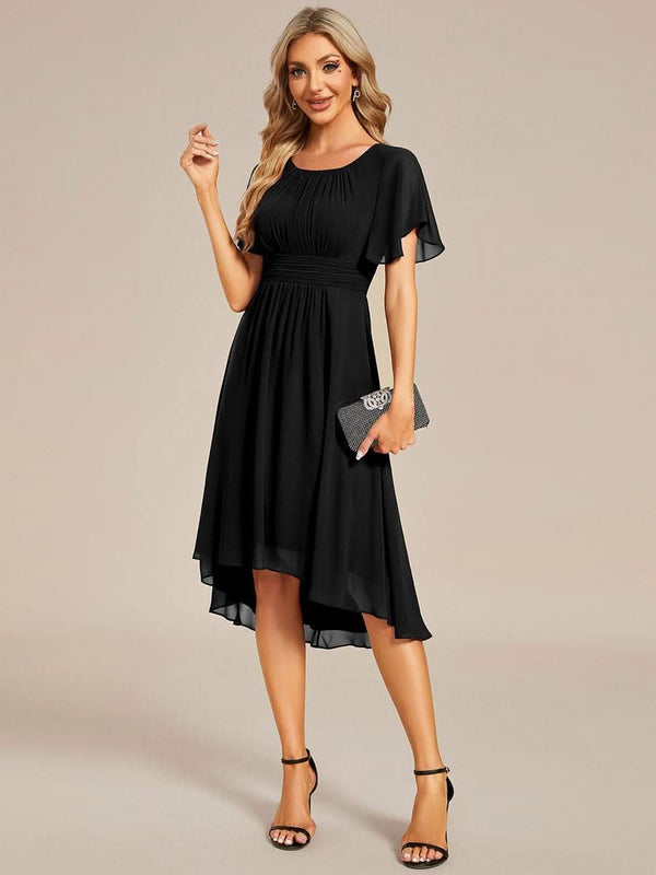 Flowy Chiffon Round Neckline A-Line Knee Length Bridesmaid Dress #color_Pink ever EDEN|Flowy Chiffon Round Neckline A-Line Knee Length Bridesmaid Dress