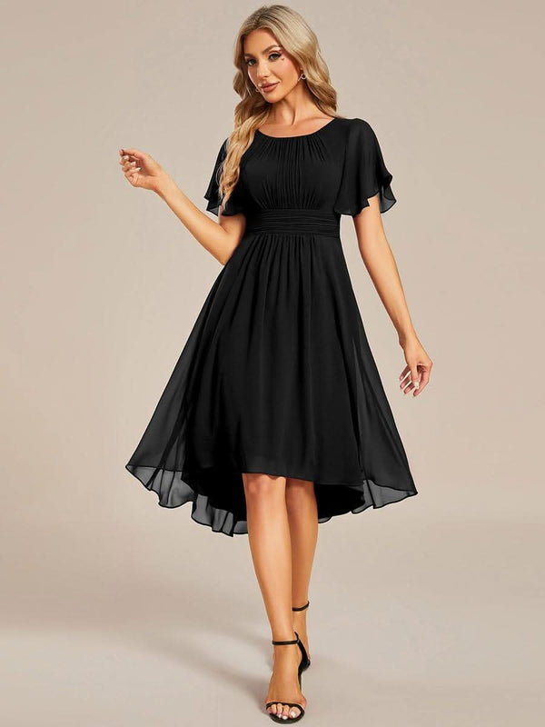 Flowy Chiffon Round Neckline A-Line Knee Length Bridesmaid Dress #color_Pink ever EDEN|Flowy Chiffon Round Neckline A-Line Knee Length Bridesmaid Dress