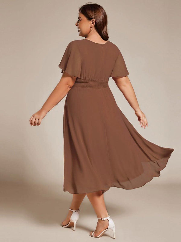 Flowy Chiffon Round Neckline A-Line Knee Length Bridesmaid Dress #color_Pink ever EDEN|Flowy Chiffon Round Neckline A-Line Knee Length Bridesmaid Dress
