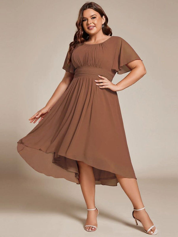 Flowy Chiffon Round Neckline A-Line Knee Length Bridesmaid Dress #color_Pink ever EDEN|Flowy Chiffon Round Neckline A-Line Knee Length Bridesmaid Dress