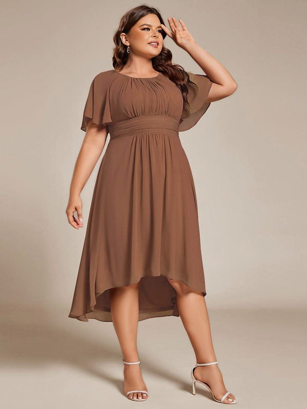 Flowy Chiffon Round Neckline A-Line Knee Length Bridesmaid Dress #color_Pink ever EDEN|Flowy Chiffon Round Neckline A-Line Knee Length Bridesmaid Dress