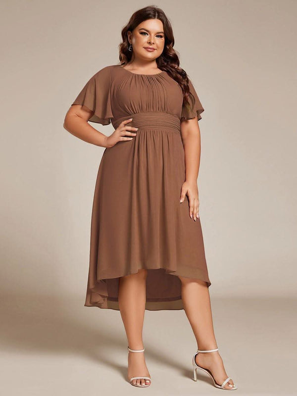 Flowy Chiffon Round Neckline A-Line Knee Length Bridesmaid Dress #color_Pink ever EDEN|Flowy Chiffon Round Neckline A-Line Knee Length Bridesmaid Dress