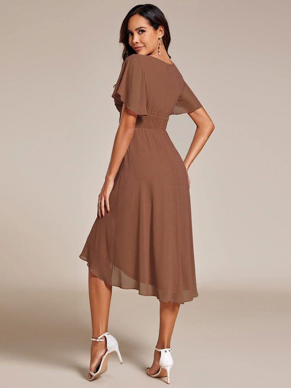 Flowy Chiffon Round Neckline A-Line Knee Length Bridesmaid Dress #color_Pink ever EDEN|Flowy Chiffon Round Neckline A-Line Knee Length Bridesmaid Dress