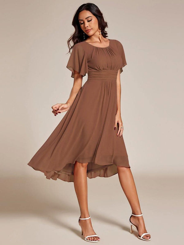 Flowy Chiffon Round Neckline A-Line Knee Length Bridesmaid Dress #color_Pink ever EDEN|Flowy Chiffon Round Neckline A-Line Knee Length Bridesmaid Dress