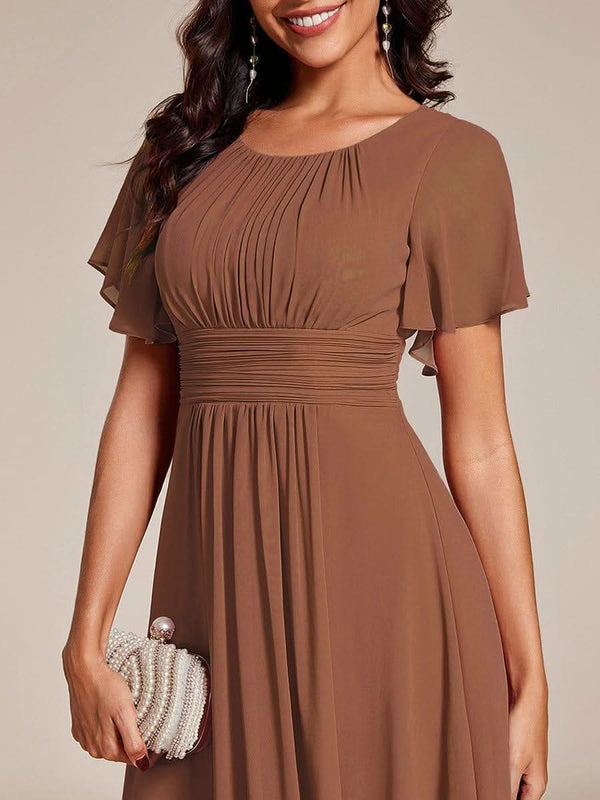 Flowy Chiffon Round Neckline A-Line Knee Length Bridesmaid Dress #color_Pink ever EDEN|Flowy Chiffon Round Neckline A-Line Knee Length Bridesmaid Dress