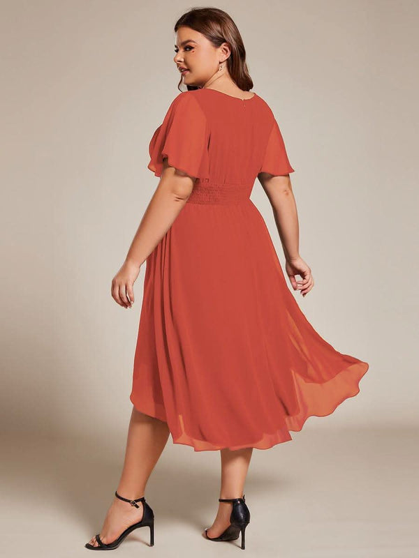 Flowy Chiffon Round Neckline A-Line Knee Length Bridesmaid Dress #color_Pink ever EDEN|Flowy Chiffon Round Neckline A-Line Knee Length Bridesmaid Dress