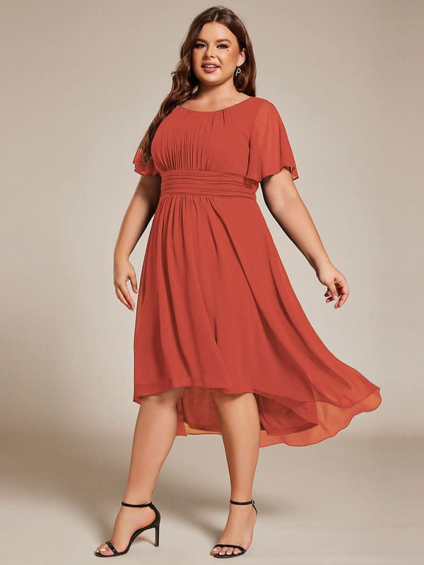 Flowy Chiffon Round Neckline A-Line Knee Length Bridesmaid Dress #color_Pink ever EDEN|Flowy Chiffon Round Neckline A-Line Knee Length Bridesmaid Dress