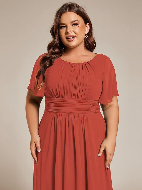 Flowy Chiffon Round Neckline A-Line Knee Length Bridesmaid Dress #color_Pink ever EDEN|Flowy Chiffon Round Neckline A-Line Knee Length Bridesmaid Dress