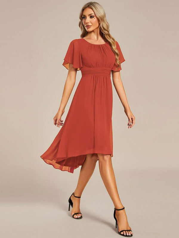 Flowy Chiffon Round Neckline A-Line Knee Length Bridesmaid Dress #color_Pink ever EDEN|Flowy Chiffon Round Neckline A-Line Knee Length Bridesmaid Dress