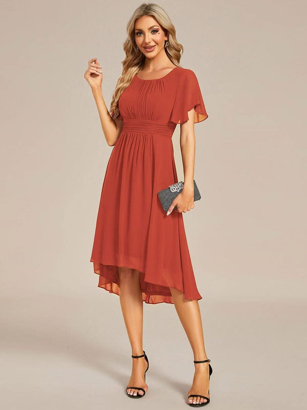 Flowy Chiffon Round Neckline A-Line Knee Length Bridesmaid Dress #color_Pink ever EDEN|Flowy Chiffon Round Neckline A-Line Knee Length Bridesmaid Dress