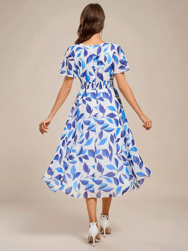 Flowy Chiffon Round Neckline A-Line Knee Length Bridesmaid Dress #color_Pink ever EDEN|Flowy Chiffon Round Neckline A-Line Knee Length Bridesmaid Dress