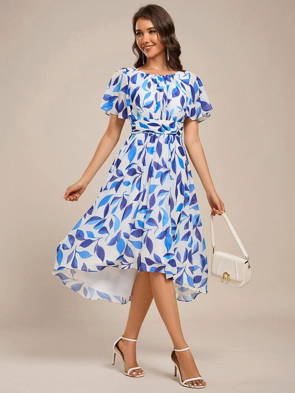 Flowy Chiffon Round Neckline A-Line Knee Length Bridesmaid Dress #color_Pink ever EDEN|Flowy Chiffon Round Neckline A-Line Knee Length Bridesmaid Dress