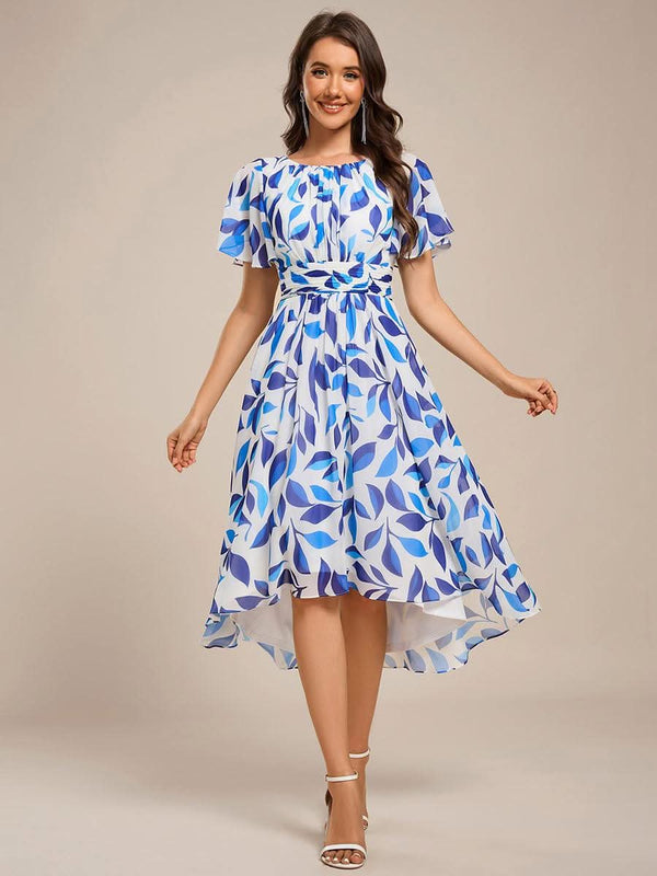 Flowy Chiffon Round Neckline A-Line Knee Length Bridesmaid Dress #color_Pink ever EDEN|Flowy Chiffon Round Neckline A-Line Knee Length Bridesmaid Dress
