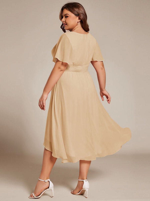 Flowy Chiffon Round Neckline A-Line Knee Length Bridesmaid Dress #color_Pink ever EDEN|Flowy Chiffon Round Neckline A-Line Knee Length Bridesmaid Dress