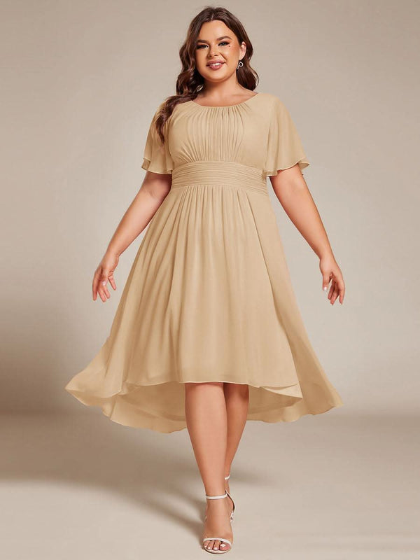 Flowy Chiffon Round Neckline A-Line Knee Length Bridesmaid Dress #color_Pink ever EDEN|Flowy Chiffon Round Neckline A-Line Knee Length Bridesmaid Dress