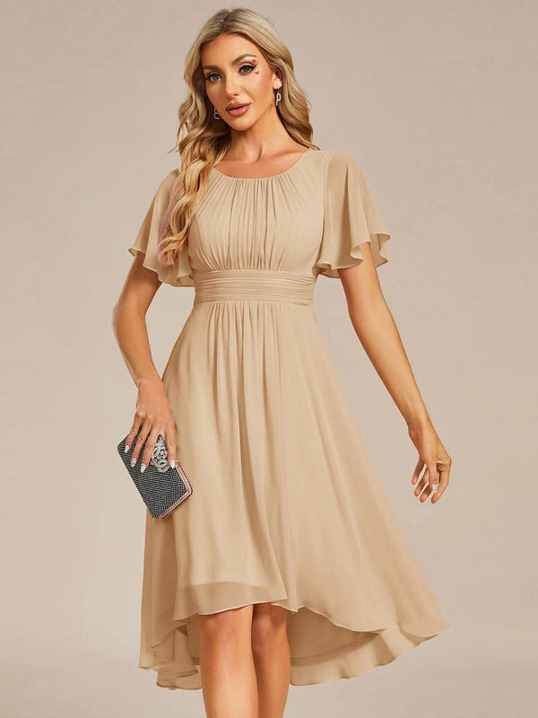 Flowy Chiffon Round Neckline A-Line Knee Length Bridesmaid Dress #color_Pink ever EDEN|Flowy Chiffon Round Neckline A-Line Knee Length Bridesmaid Dress