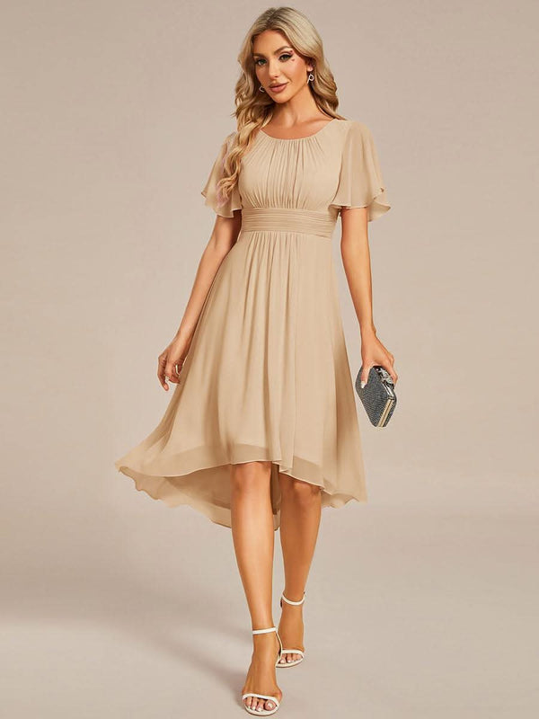 Flowy Chiffon Round Neckline A-Line Knee Length Bridesmaid Dress #color_Pink ever EDEN|Flowy Chiffon Round Neckline A-Line Knee Length Bridesmaid Dress