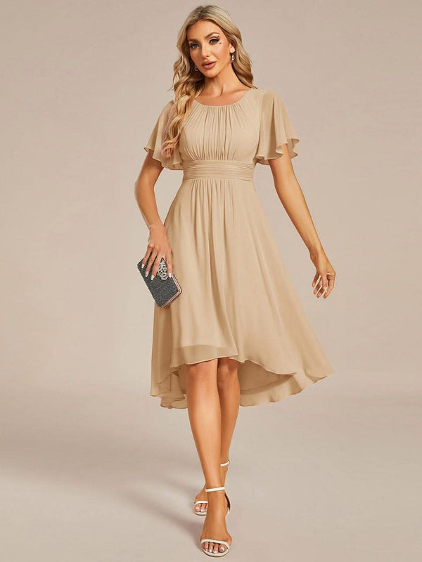 Flowy Chiffon Round Neckline A-Line Knee Length Bridesmaid Dress #color_Pink ever EDEN|Flowy Chiffon Round Neckline A-Line Knee Length Bridesmaid Dress