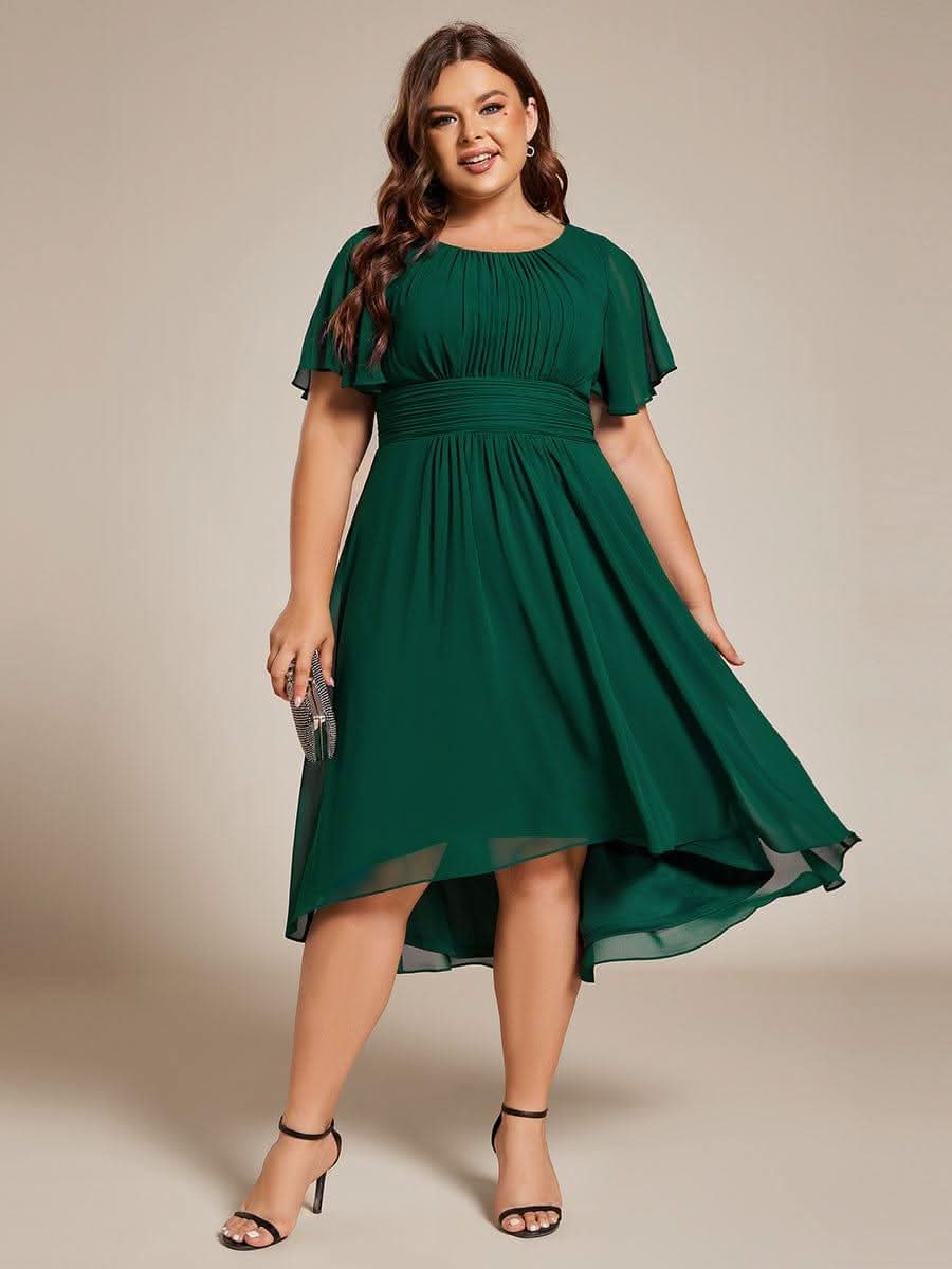 Flowy Chiffon Round Neckline A-Line Knee Length Bridesmaid Dress #color_Dark Green