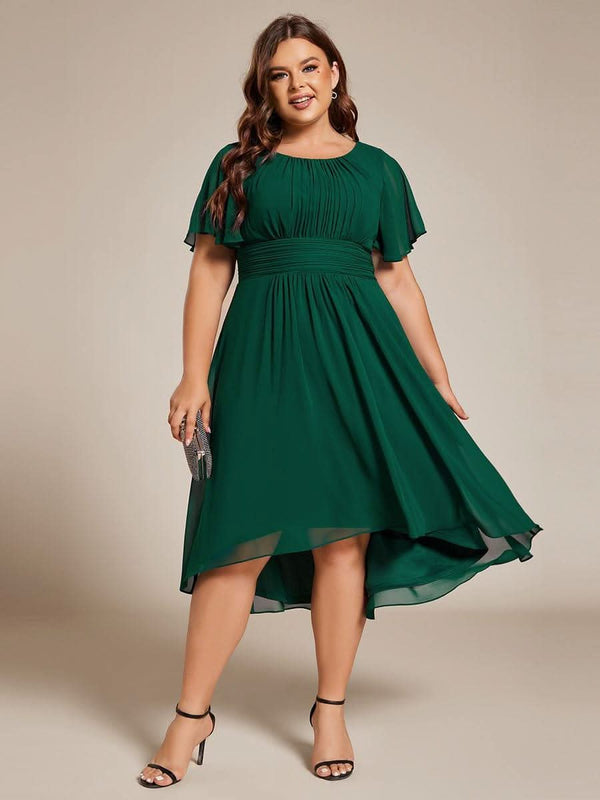 Flowy Chiffon Round Neckline A-Line Knee Length Bridesmaid Dress #color_Pink ever EDEN|Flowy Chiffon Round Neckline A-Line Knee Length Bridesmaid Dress