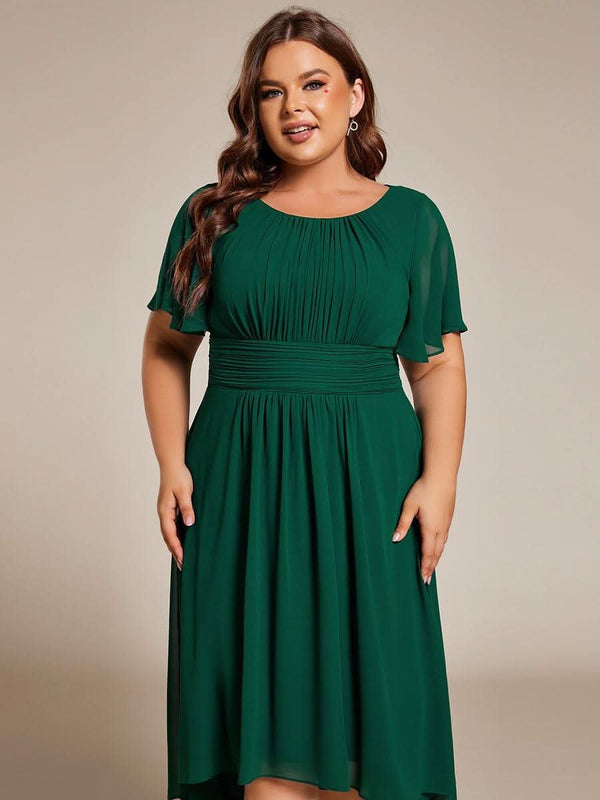 Flowy Chiffon Round Neckline A-Line Knee Length Bridesmaid Dress #color_Pink ever EDEN|Flowy Chiffon Round Neckline A-Line Knee Length Bridesmaid Dress