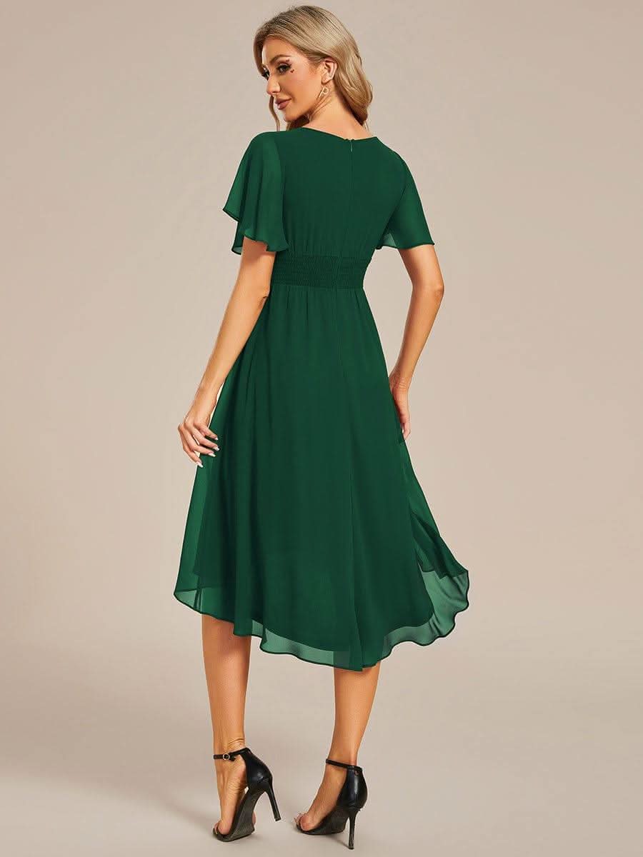 Flowy Chiffon Round Neckline A-Line Knee Length Bridesmaid Dress #color_Dark Green