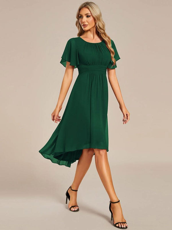 Flowy Chiffon Round Neckline A-Line Knee Length Bridesmaid Dress #color_Pink ever EDEN|Flowy Chiffon Round Neckline A-Line Knee Length Bridesmaid Dress