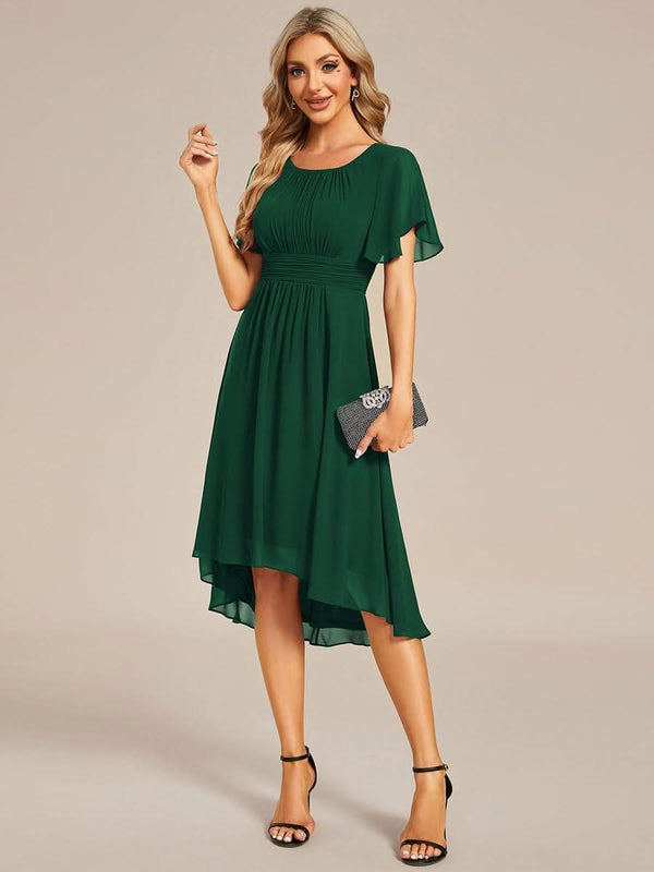 Flowy Chiffon Round Neckline A-Line Knee Length Bridesmaid Dress #color_Pink ever EDEN|Flowy Chiffon Round Neckline A-Line Knee Length Bridesmaid Dress