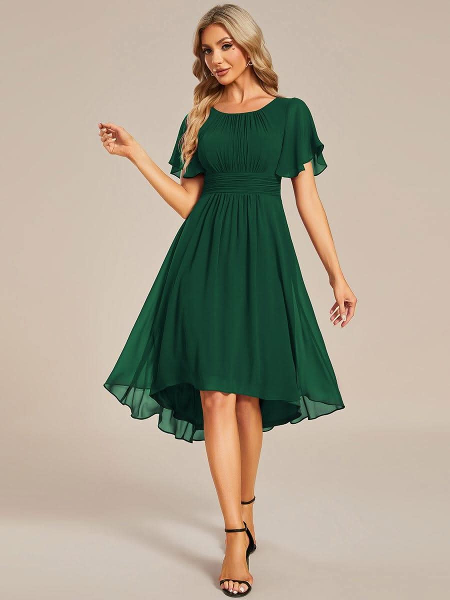 Flowy Chiffon Round Neckline A-Line Knee Length Bridesmaid Dress #color_Dark Green
