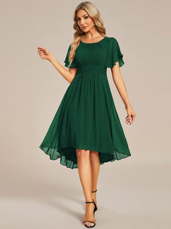 Flowy Chiffon Round Neckline A-Line Knee Length Bridesmaid Dress #color_Pink ever EDEN|Flowy Chiffon Round Neckline A-Line Knee Length Bridesmaid Dress