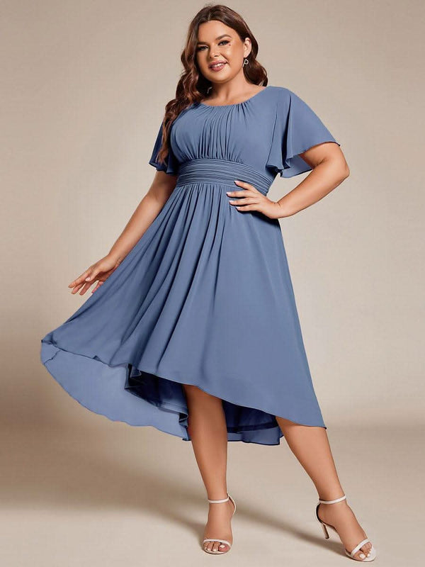 Flowy Chiffon Round Neckline A-Line Knee Length Bridesmaid Dress #color_Pink ever EDEN|Flowy Chiffon Round Neckline A-Line Knee Length Bridesmaid Dress