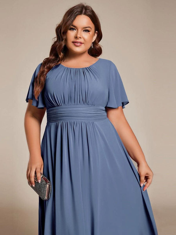 Flowy Chiffon Round Neckline A-Line Knee Length Bridesmaid Dress #color_Pink ever EDEN|Flowy Chiffon Round Neckline A-Line Knee Length Bridesmaid Dress