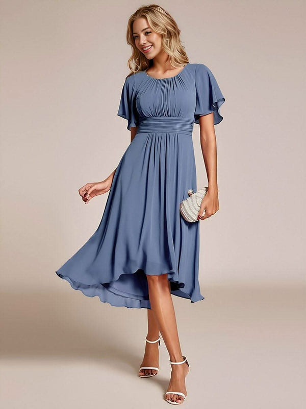 Flowy Chiffon Round Neckline A-Line Knee Length Bridesmaid Dress #color_Pink ever EDEN|Flowy Chiffon Round Neckline A-Line Knee Length Bridesmaid Dress